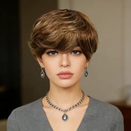 P4/27 Mixed Brown Highlight Pixie Cut Wig Human Hair for Women Short Straight with Bangs 180% Density Natural Look Versatile St