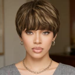 P4/27 Mixed Brown Highlight Pixie Cut Wig Human Hair for Women Short Straight with Bangs 180% Density Natural Look Versatile St