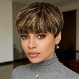 P4/27 Mixed Brown Highlight Pixie Cut Wig Human Hair for Women Short Straight with Bangs 180% Density Natural Look Versatile St