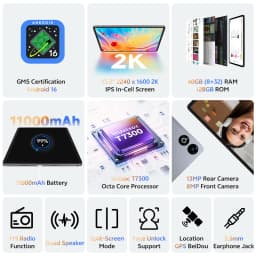 SVITOO Tablet 2026 Android 16 13 Inch 2240 x 1600 2K 90Hz Display Large Screen Unisoc T7300 Octa-Core Processor 8GB RAM Physical Memory 128GB ROM 1TB Expandable 11000mAh Battery 2.4GHz 5GHz WiFi 5 Bluetooth 5.0 GPS Widevine L1 20W Fast Charging With Case