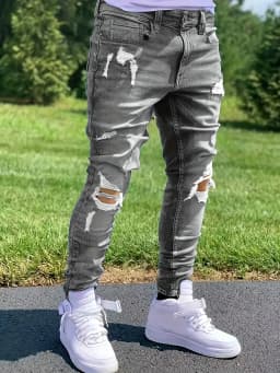 Men's Slim Fit Stretch Denim Jeans with Rips Casual Comfortable Trousers for Daily Wear
