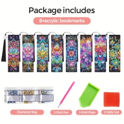 8-piece set of diamond painting bookmark set, rhinestone acrylic tassel bookmark, 19.5x5.6mm, DIY craft set for book lovers