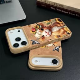 1 piece khaki cartoon highland cow sunflower butterfly pattern  iPhone 17/17Pro/17Promax/17Air/16/15/14/13/12/11 series