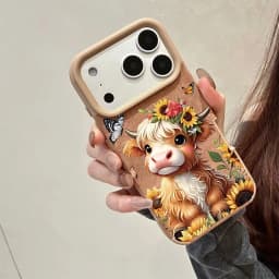 1 piece khaki cartoon highland cow sunflower butterfly pattern  iPhone 17/17Pro/17Promax/17Air/16/15/14/13/12/11 series