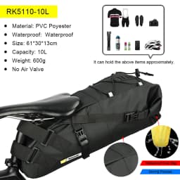 Rhinowalk Bike Saddle Bag Waterproof 5L-13L Large Capacity Foldable Tail Rear Bag Reflective Cycling MTB Trunk Pannier Black