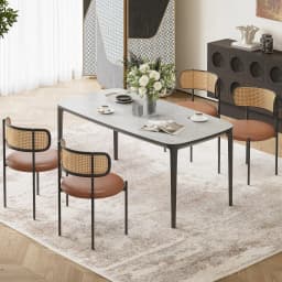 Farini PU Leather Dining Chairs, Upholstered Seat with Woven Rattan Back, Sturdy Metal Legs Modern Side Chairs for Kitchen Living Room