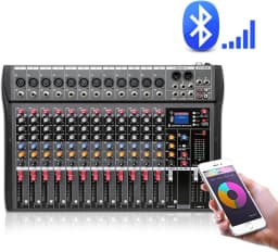 12 Channel Audio Mixer, DJ Bluetooth Mixing Console Sound Board USB Professional Mixer 48V Power XLR Microphone Jack