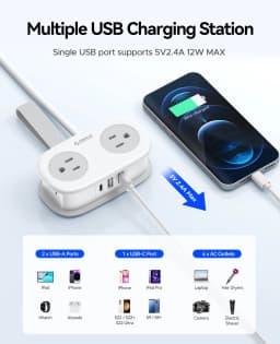 ORICO Cable-Wrap Portable Travel Power Strip 15W Fast Charging Station with 4 AC Outlets 2 USB 1 Type-C US Plug Adapter Home
