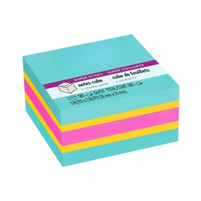 Super Sticky Notes Cube, 3 in x 3 in, Bright Colors, 1 Cube