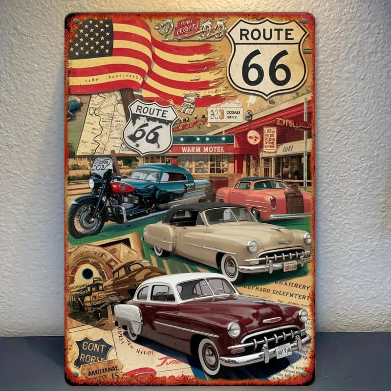 Vintage Route 66 Metal Tin Sign, Retro American Road Trip Wall Art, Classic Car Decor for Garage, Multipurpose Iron Plaque, No