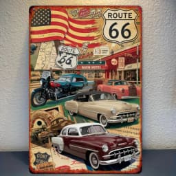 Vintage Route 66 Metal Tin Sign, Retro American Road Trip Wall Art, Classic Car Decor for Garage, Multipurpose Iron Plaque, No