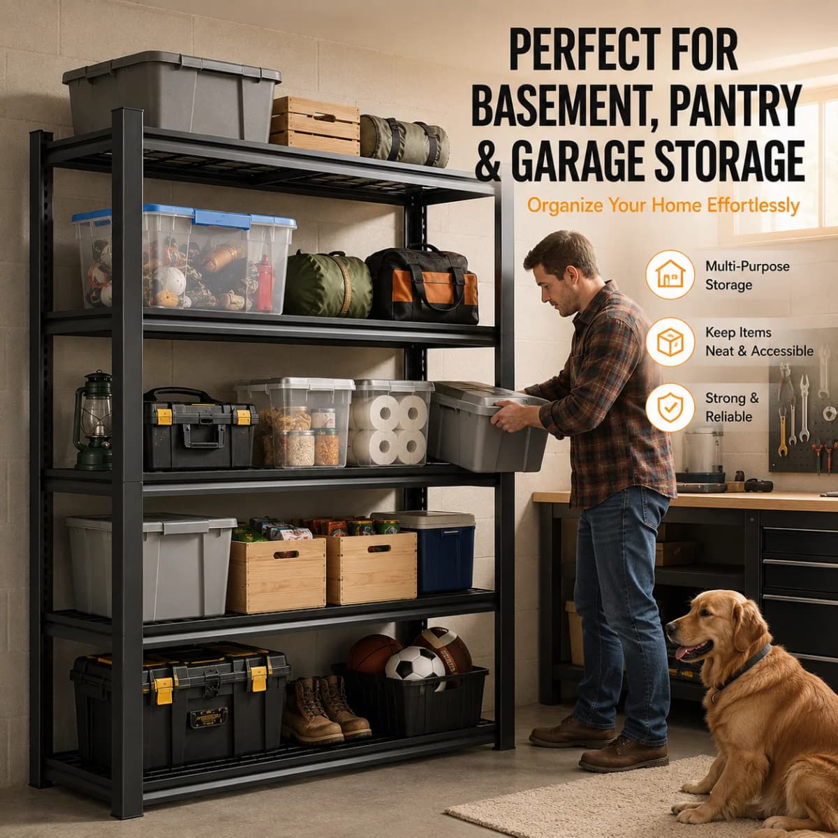 5 Tier Garage Shelving Heavy Duty Adjustable Garage Shelves, 385 LBS Per Shelf Metal Wire Utility Rack Shelf, Shelving Units for Storage Garage Warehouse Pantry Closet, 35.4' W X 15.7' D X 72' H, Black