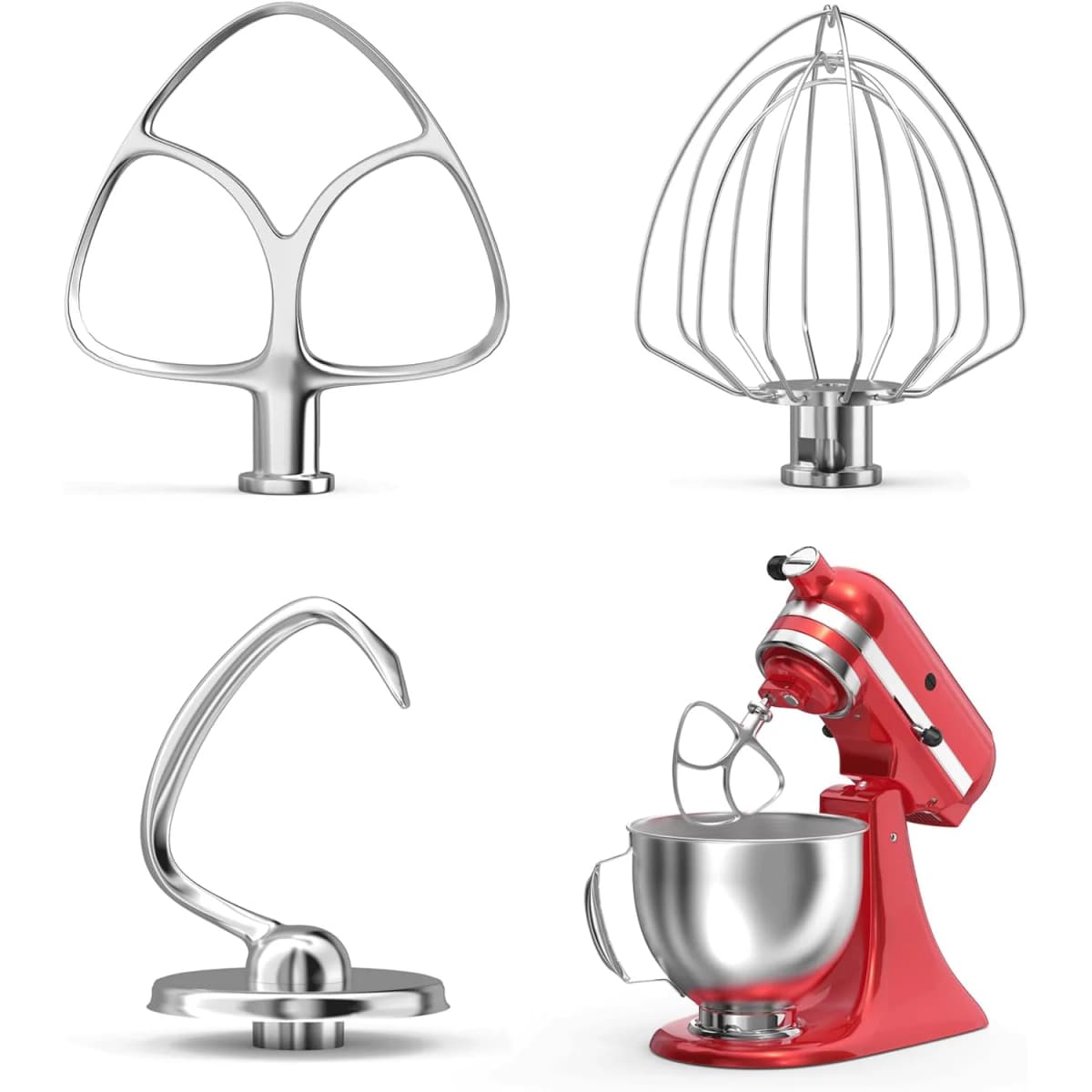 Stainless Steel 3-Piece Mixer Attachment Set for KitchenAid 4.5-5QT Tilt-Head, Flat Beater, Dough Hook, K45WW Wire Whip, Baking Essential Kit