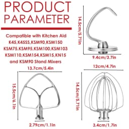 Stainless Steel 3-Piece Mixer Attachment Set for KitchenAid 4.5-5QT Tilt-Head, Flat Beater, Dough Hook, K45WW Wire Whip, Baking Essential Kit