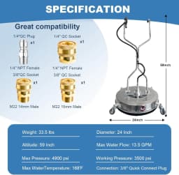 24" Pressure Washer Surface Cleaner with 4 Wheels, 4900PSI Stainless Steel Surface Cleaner Attachment, Stainless Steel Dual Handle Pressure Washer for Concrete Driveway Sidewalk Deck Patio