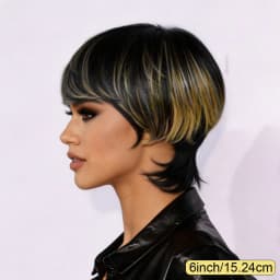 Black Blonde Highlight Layered Mullet Pixie Human Hair Wig with Bangs, Highlighted Black Blonde Feathered Mullet Pixie Cut Wig with Side Swept Fringes, Full Machine Made Spiky Tail Nape Style for Daily Work & Events