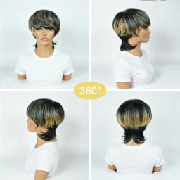 Black Blonde Highlight Layered Mullet Pixie Human Hair Wig with Bangs, Highlighted Black Blonde Feathered Mullet Pixie Cut Wig with Side Swept Fringes, Full Machine Made Spiky Tail Nape Style for Daily Work & Events