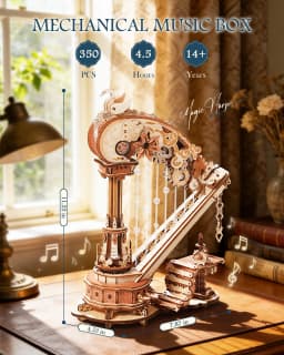 ROKR Magic Harp Music Box Wooden 3D Puzzle 350-Piece DIY Mechanical Model Building Kit for Home Desk Bookshelf Decor Gift for Adults Kids