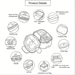 us USA Local Fast Shipping 1.5L Portable Electric Lunch Box, 60W Food Heater for Car & Home, Leak-Proof with Stainless Steel Container, Insulated Heating Student Lunch Box, Hot Waterless Heating Rice Box, 12V/24V Car Plug, Includes Spoon & Leak-Proof Seal