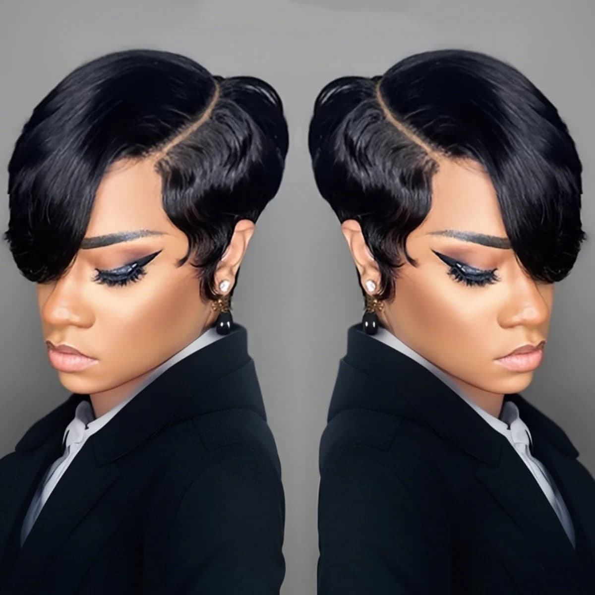 Pixie Cut Wigs Short Human Hair Wigs with Bangs Short Layered Full Machine Made Wig Natural Black Color for Women