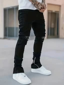 Men's Slim Fit Black Jeans Street Style Cotton Blend Mid-Stretch Ripped Detail All-Season Wear