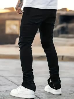 Men's Slim Fit Black Jeans Street Style Cotton Blend Mid-Stretch Ripped Detail All-Season Wear