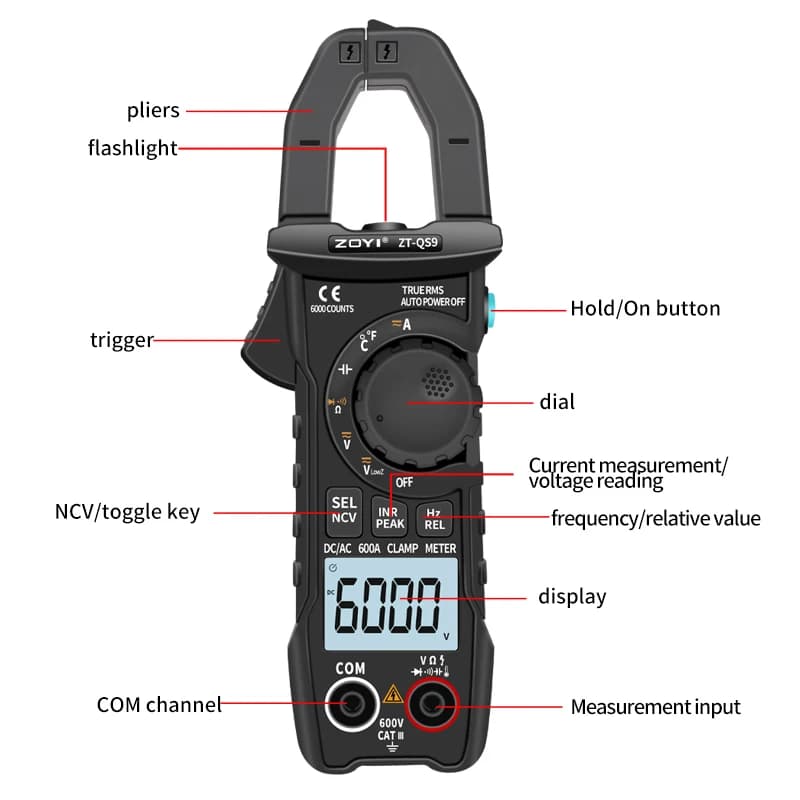 ZOYI Digital Clamp Meter 600A Current True RMS Smart Plier Ammeter Auto Rang 6000 Multimeter DC AC Voltage Hz Ohm NCV Tester