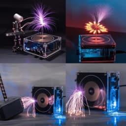 Tesla coil speaker with plasma storm effect. Cool desktop gadget with artificial lightning, creative decorative gift.