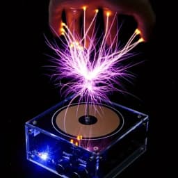 Tesla coil speaker with plasma storm effect. Cool desktop gadget with artificial lightning, creative decorative gift.