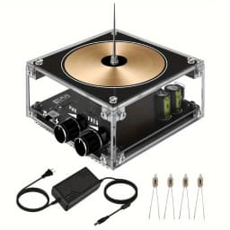 Tesla coil speaker with plasma storm effect. Cool desktop gadget with artificial lightning, creative decorative gift.