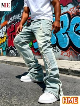 HME Men's Flared Denim Pants, Light Blue Vintage Jeans with Rips & Zipper Hem for Casual Style