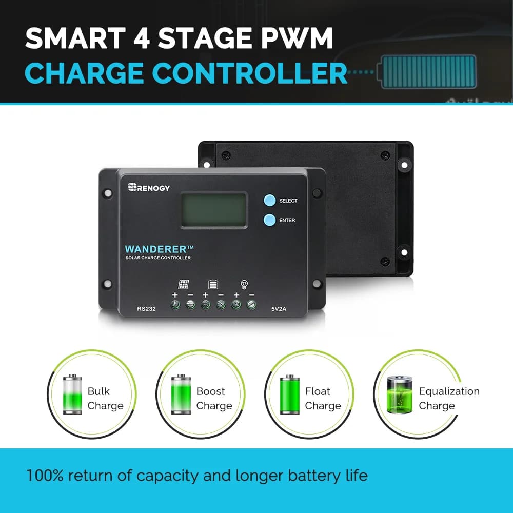 Renogy 10 Amp 12V/24V PWM Negative Ground Solar Charge Controller Compact Design w/LCD Display for AGM, Gel