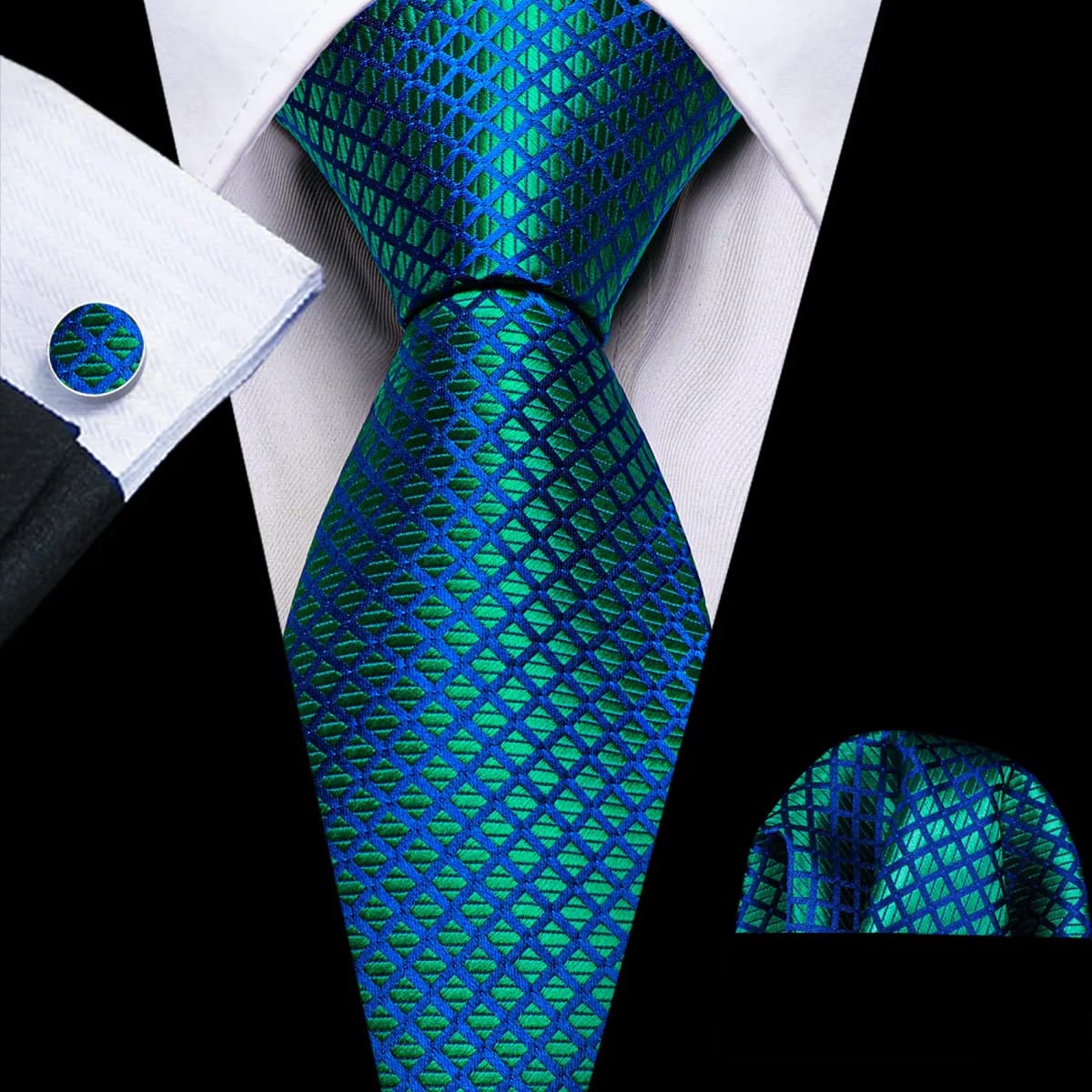 Blue Green Plaid Men Tie Handkerchief Cufflinks Set Jacquard Necktie for Man Male Wedding Business Ties Formal Dad Husband Gift