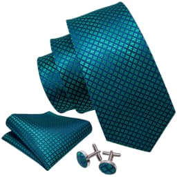 Blue Green Plaid Men Tie Handkerchief Cufflinks Set Jacquard Necktie for Man Male Wedding Business Ties Formal Dad Husband Gift