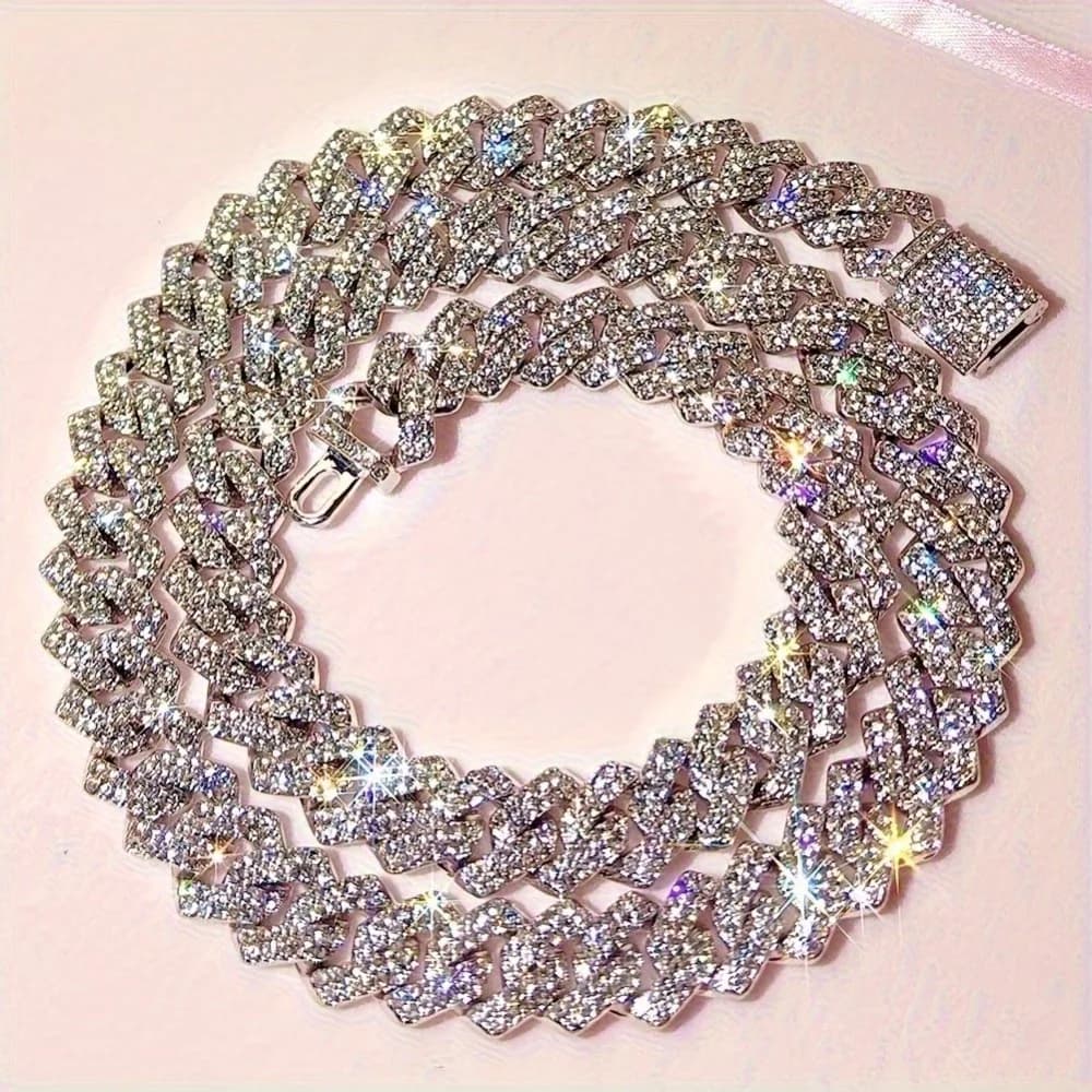1pcs Silvery 14Mm Square Cuban Link Chain Necklace for Men - Shining Hip Hop Cuban Chain Collarbone Necklace Set