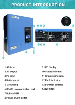 ANENJI US standard 110-120V 3KW 24V hybrid Solar Inverter builtin MPPT 100A Charger Controller Pure Sine Wave Home Inverter WiFi
