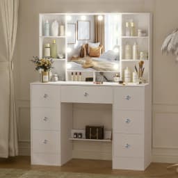 Teousev 7 Drawers Vanity Dressing Table with 10 Dimmable LED Lights, Large HD Mirror Modern Makeup Desk with Ample Storage