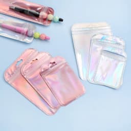 50Pcs Iridescent Self Sealing Bags Pink Silvery Laser Plastic Pouches Resealable Zip Lock Packaging For Jewelry Display Bags