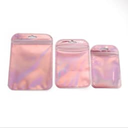 50Pcs Iridescent Self Sealing Bags Pink Silvery Laser Plastic Pouches Resealable Zip Lock Packaging For Jewelry Display Bags