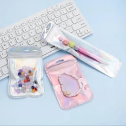 50Pcs Iridescent Self Sealing Bags Pink Silvery Laser Plastic Pouches Resealable Zip Lock Packaging For Jewelry Display Bags