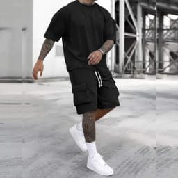 2-Pack Men's New Multi-Pocket Cargo Pants and Short Sleeve T-Shirt Set, Stylish Fit, Suitable for Sports, Casual Wear