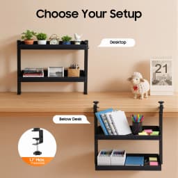 2-Tier Clamp-On Desk Shelf Organizer,Black Space-Saving Storage Rack w/Clamping Mechanism,Perfect for Standing Desk Installation