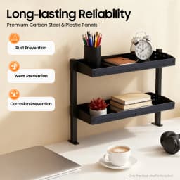 2-Tier Clamp-On Desk Shelf Organizer,Black Space-Saving Storage Rack w/Clamping Mechanism,Perfect for Standing Desk Installation