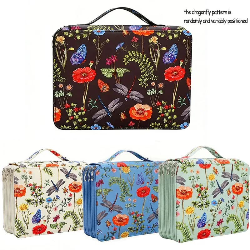 Vitality Dragonfly and Flower Pencil Box - 200-Hole Design, Durable Fabric Storage Bag, Suitable for Pencils, Markers, Scissors - Portable Office Art Supplies Storage Box, Dragonfly Decoration, Art Supplies Storage, Colorful Illustrations, Sturdy Structur