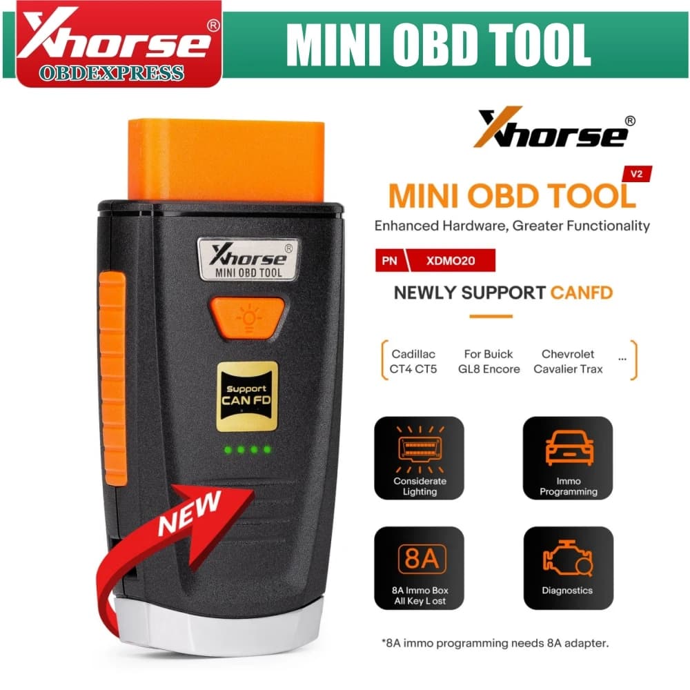 Xhorse MINI OBD TOOL V2 XDMO20 Newly Supports CANFD Protocol / LED light / 8A IMMO Box All Key Lost