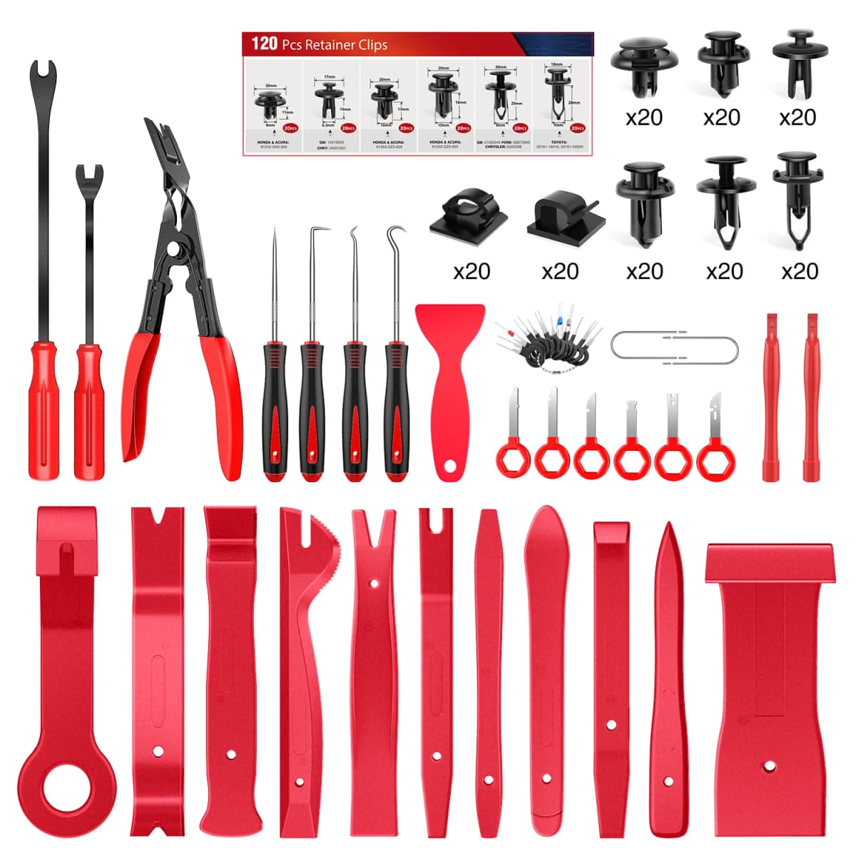 Nilight 200Pcs Trim Removal Tool, Auto Push Pin Bumper Retainer Clip Set Fastener Terminal Remover Adhesive Cable Clips Round Handle Crowbar Kit Car Panel Radio Auto Clip Pliers