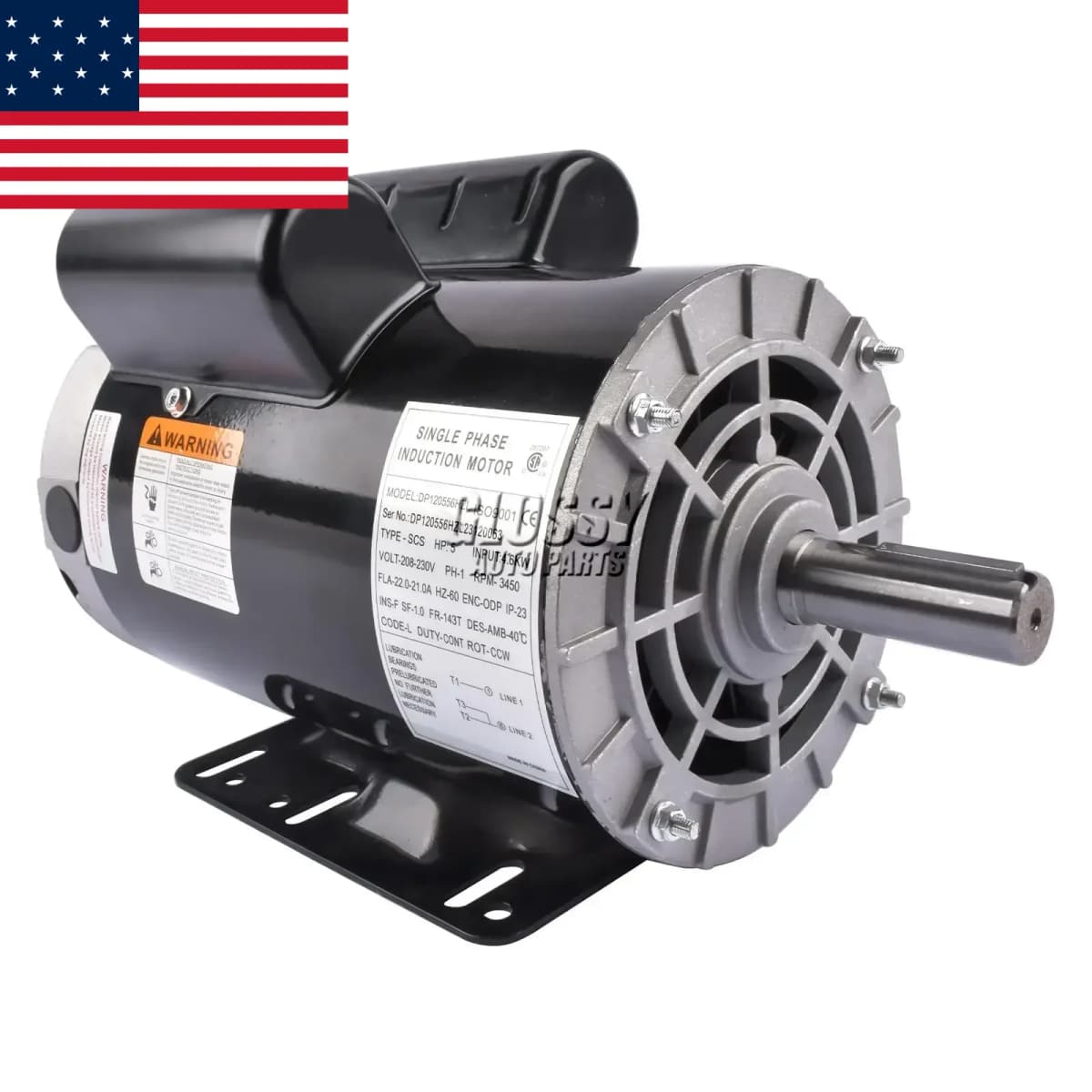 AP03 5HP Air Compressor Electric Motor, 230V 22 Amps, 3450RPM 56HZ Frame, 7/8" Keyed Shaft, CW/CCW Rotation 2.25" Shaft Length