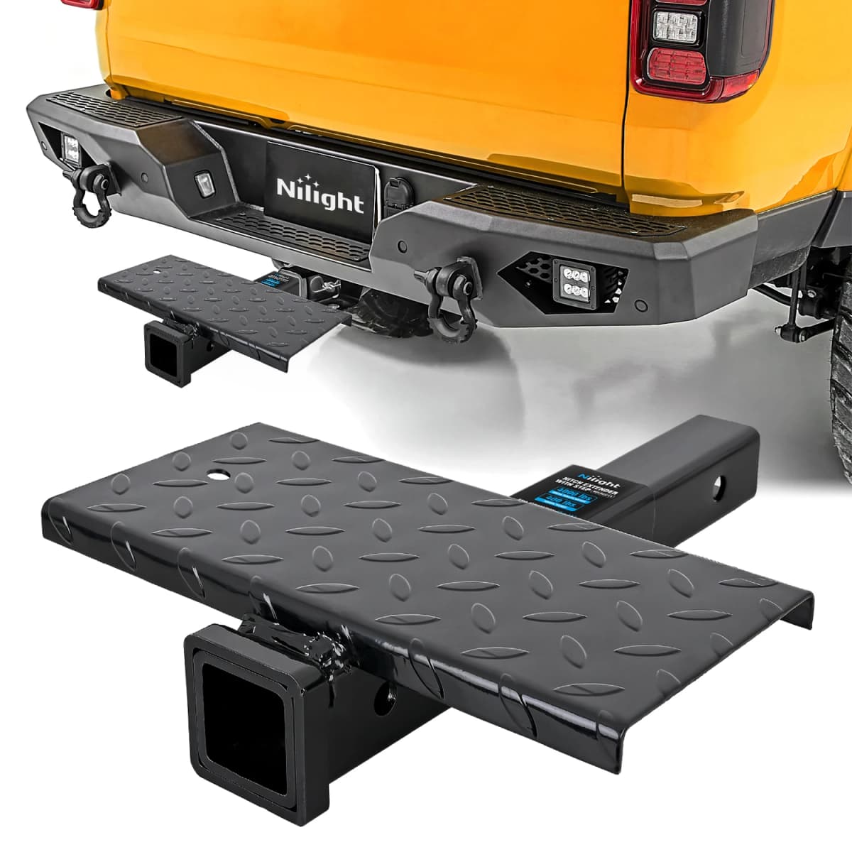 Nilight Hitch Extender with Step 2' Receiver 14'x7' Anti-Slip Diamond Plate 4000 lbs Towing/400 lbs Tongue Weight Heavy Duty Steel Bumper Guard for Truck SUV