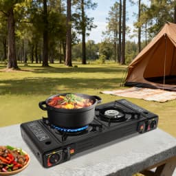 2500W Camping Stove with Storage Case, 63cm Table Top Gas Stove, Portable 2 Burner Outdoor Cooking System for Picnic BBQ Camping Trip Backyard Family