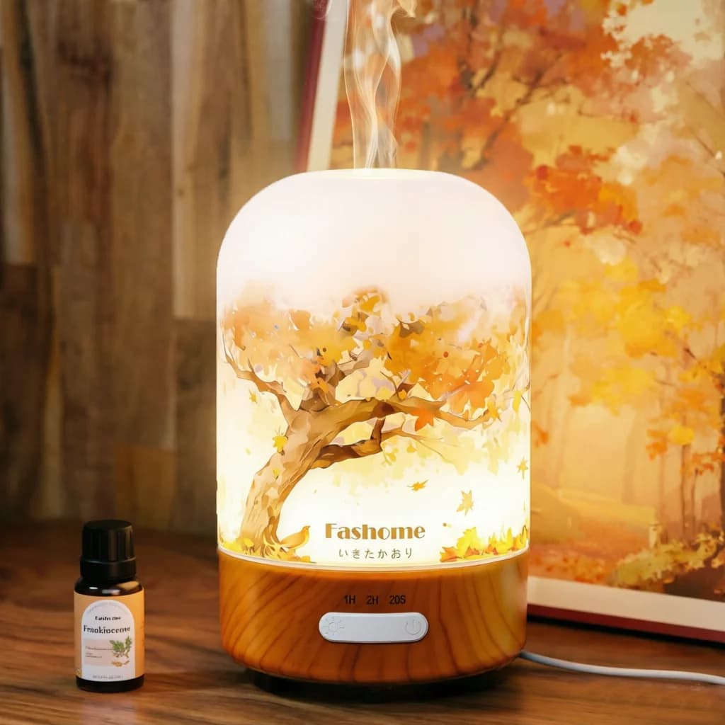 Essential Oil Diffuser Mini Aromatherapy Air Humidifier With 10ml Essential Oil, Hand Blown Glass Cover With Print, Auto Shut-Off, 3 Timer, Warm White Lights, 100ML Capacity Water Tank